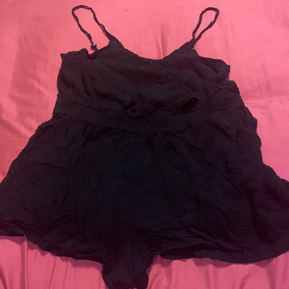 Just Be Black Cinched Waist Chic Romper With Adjustable Straps & Button Closure